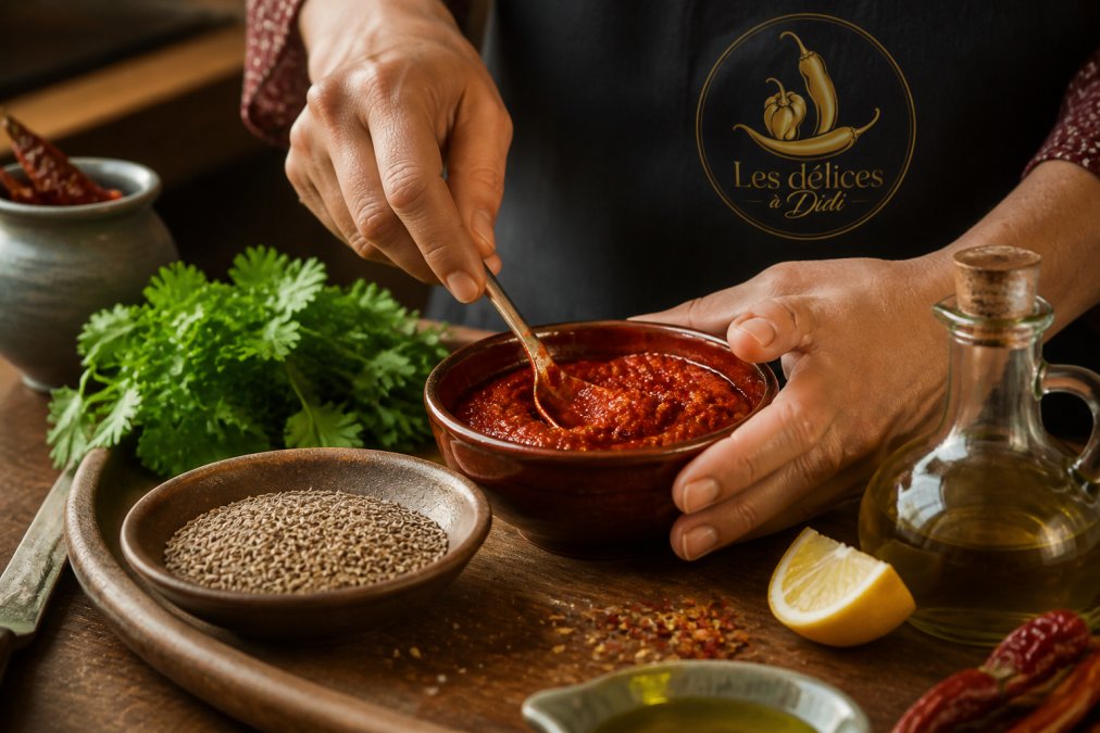 Close-up of hands stirring a small bowl of red artisanal chili paste with a spoon, surrounded by fresh coriander, cumin seeds, olive oil bottle and a lemon wedge on a rustic wooden kitchen counter, warm natural light