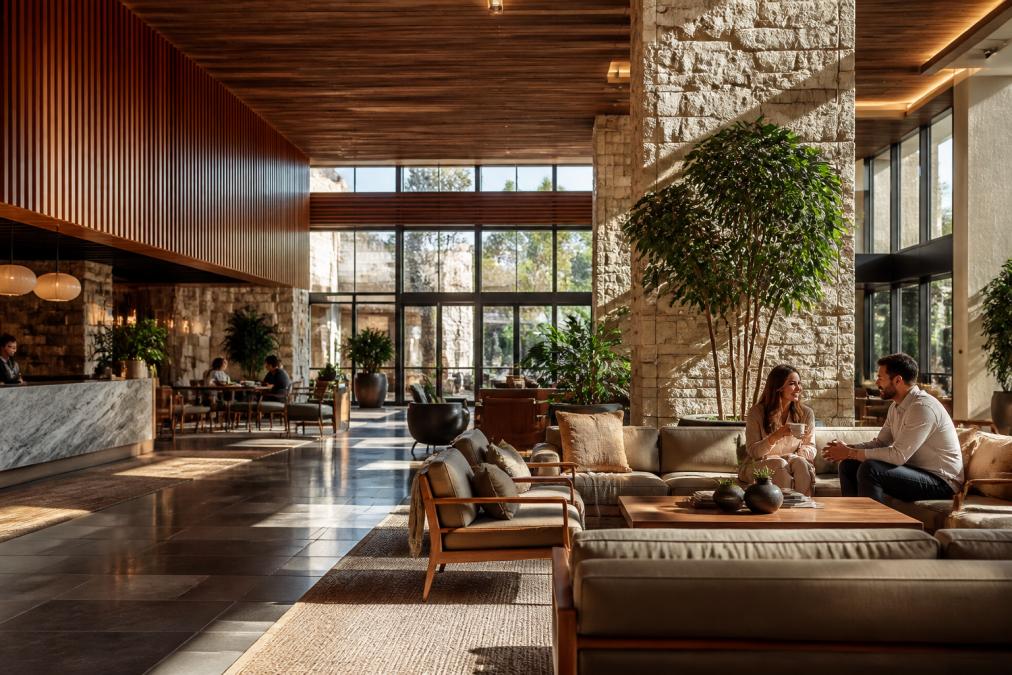 Guests relaxing in a warm hotel lobby defined by hospitality architecture with textured wood and ambient lighting.