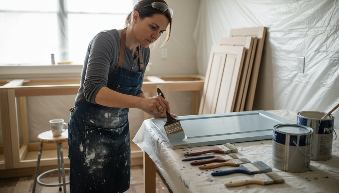 A homeowner carefully painting white cabinet doors laid flat on a drop cloth in a bright kitchen, with brushes, primer cans, and painter's tape visible nearby