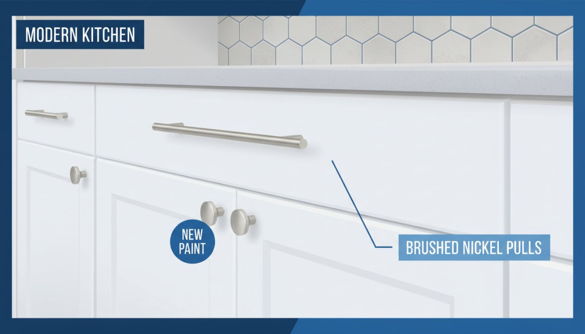 Close-up of a modern kitchen cabinet drawer with sleek brushed nickel bar pulls installed, set against freshly painted white cabinet fronts and a neutral tile backsplash