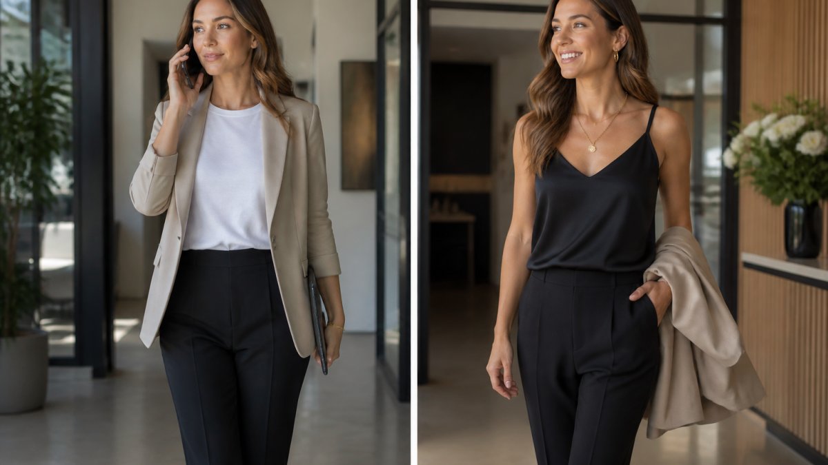 Professional woman in neutral business casual blazer and simple top with trousers standing in modern office, then shown transitioning to evening wear by adding statement jewelry and swapping her top