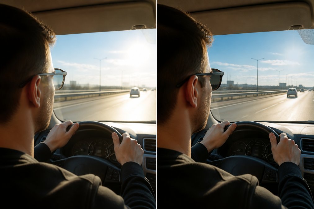 Driver gripping steering wheel with hands visible wearing transition lenses while driving on a bright sunny highway with light reflecting off the windshield and road surface