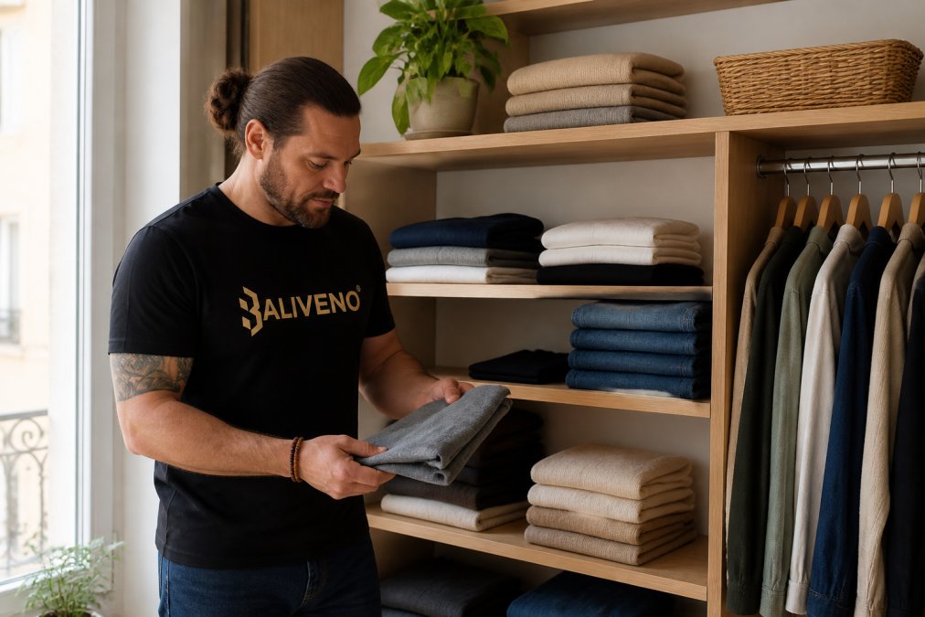 Person organizing a minimalist wardrobe on a shelf, arranging neutral-colored basics like t-shirts, sweaters, and jeans in an organized, intentional way, with soft natural light from a window