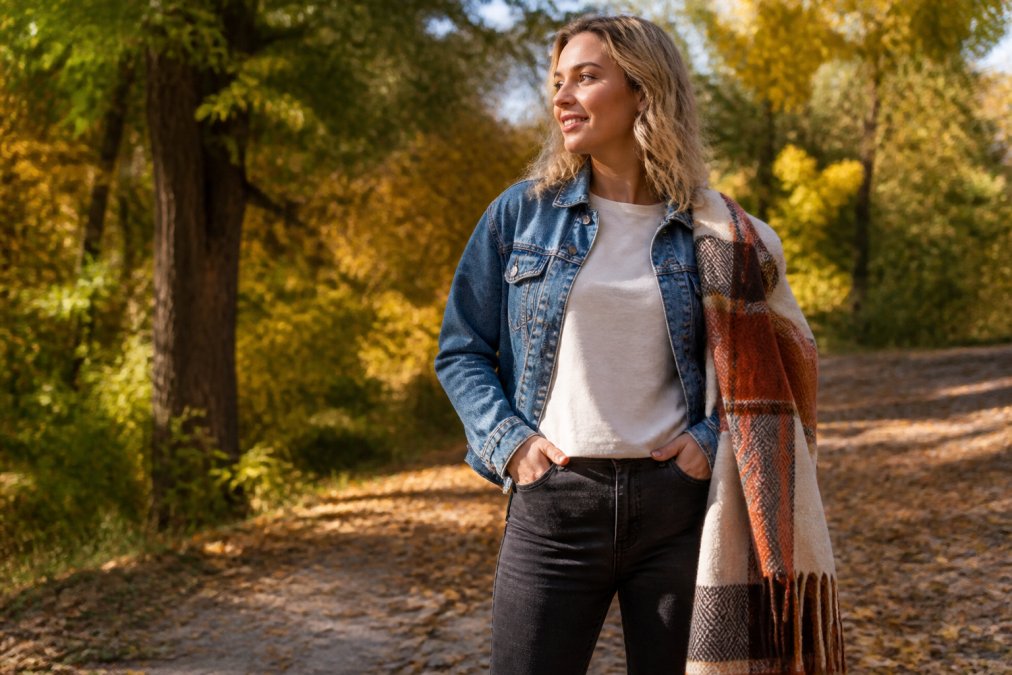 Person wearing a graphic tee and denim jacket with a blanket to transition your style between seasons outdoors.