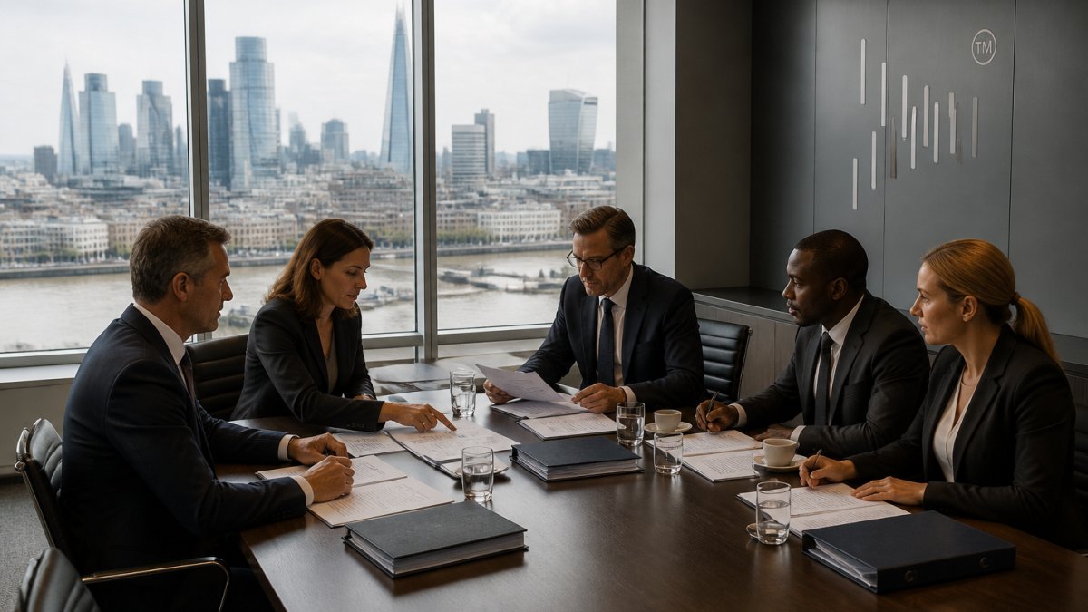 A boardroom meeting of investment professionals reviewing governance documents and financial reports around a large table, with a city skyline visible through the windows