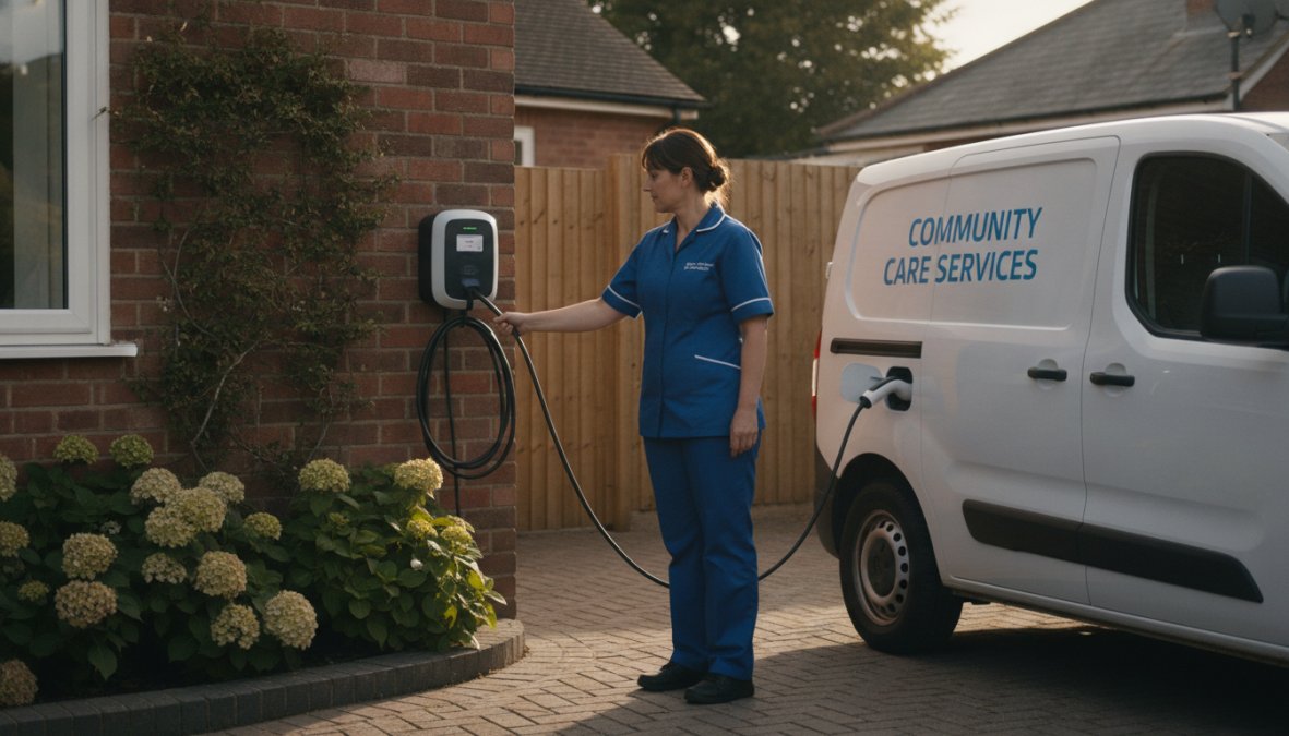A domiciliary care worker in uniform plugging a white electric van into a wall-mounted home charge point at a residential property, early morning light, suburban driveway