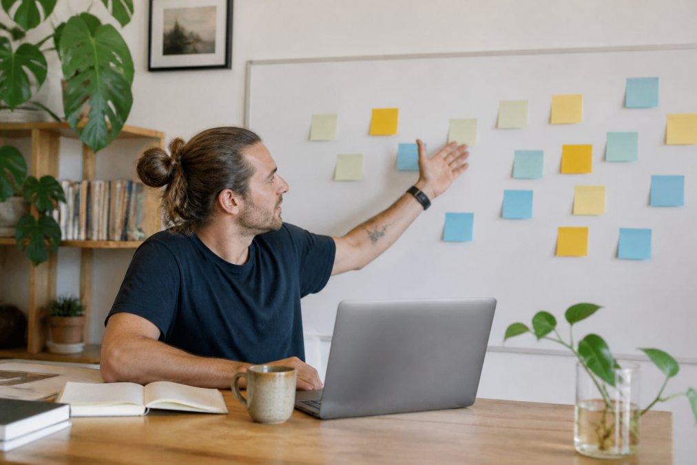 A consultant at a desk mapping out a client delivery process on a whiteboard with sticky notes, laptop open beside them in a bright home office