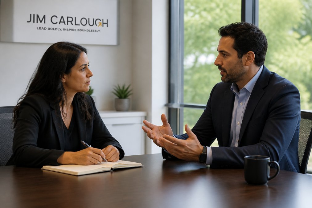 Two professionals in business attire having a focused one-on-one conversation at a conference table in a modern office, natural window lighting, both engaged and respectful