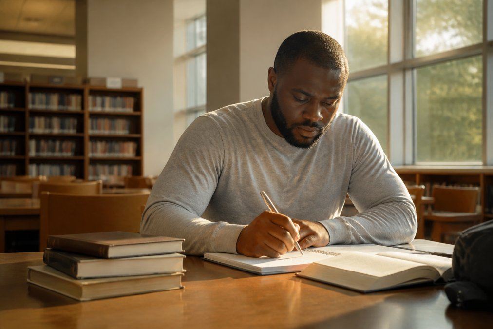 A formerly incarcerated student sitting at a campus library table with textbooks and a notebook, looking focused under warm afternoon light