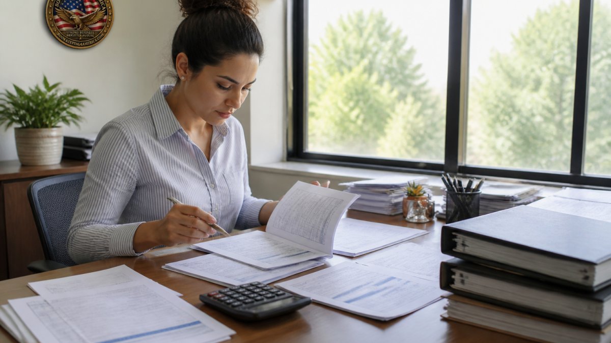 Small business owner at desk reviewing financial reports on computer screen, focused and organized with papers and calculator nearby, natural office lighting