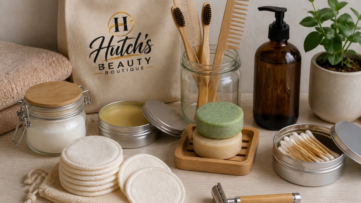 Flat lay of zero-waste beauty items including solid shampoo bars, glass jars, reusable cotton pads in natural cream color, bamboo accessories, and metal containers arranged on light wooden surface with soft natural lighting