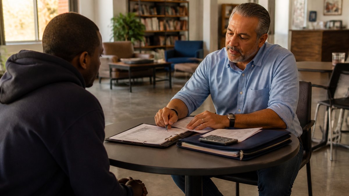 A case manager at a desk reviewing intake paperwork with a recently released individual in a bright community office, clipboard and resource binder visible