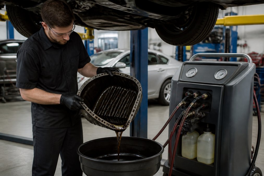 A mechanic in a clean shop examining a transmission pan with dark fluid draining into a catch container while a fluid exchange machine sits nearby under bright overhead lighting