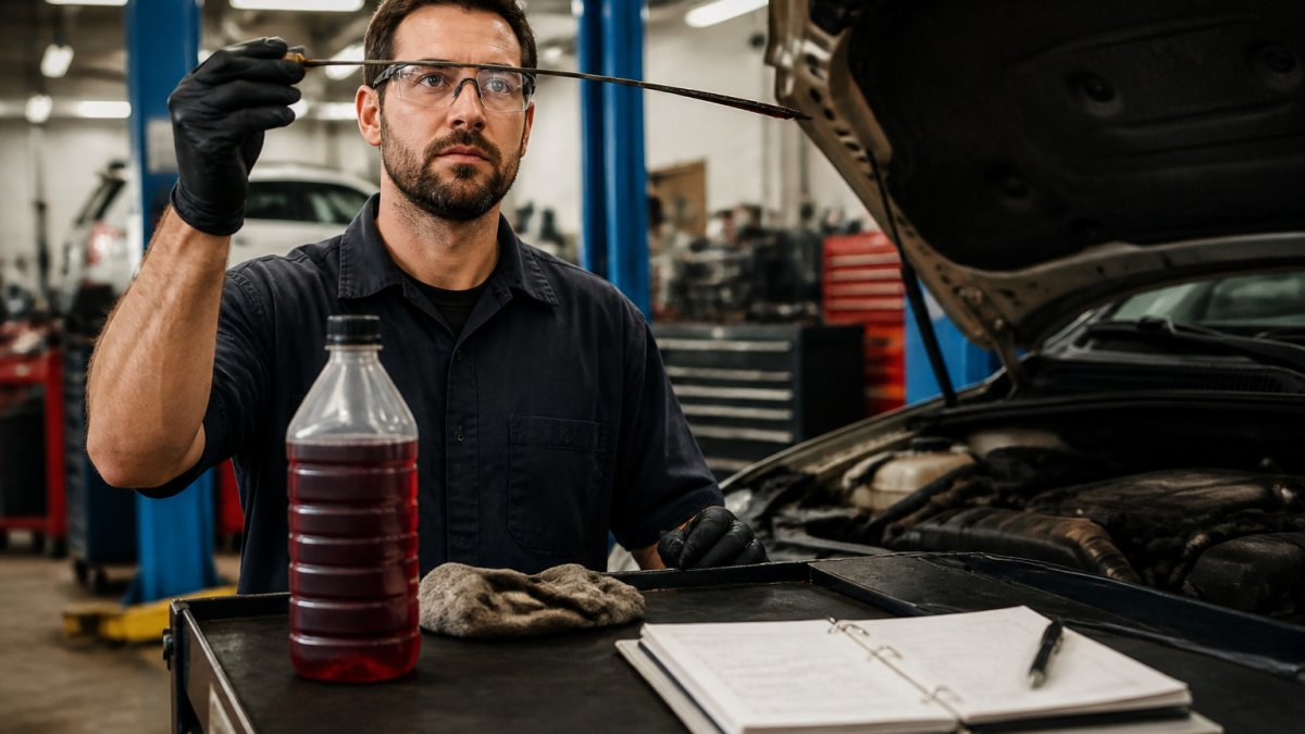 Mechanic checking transmission fluid levels on a dipstick next to a service logbook in an auto shop.
