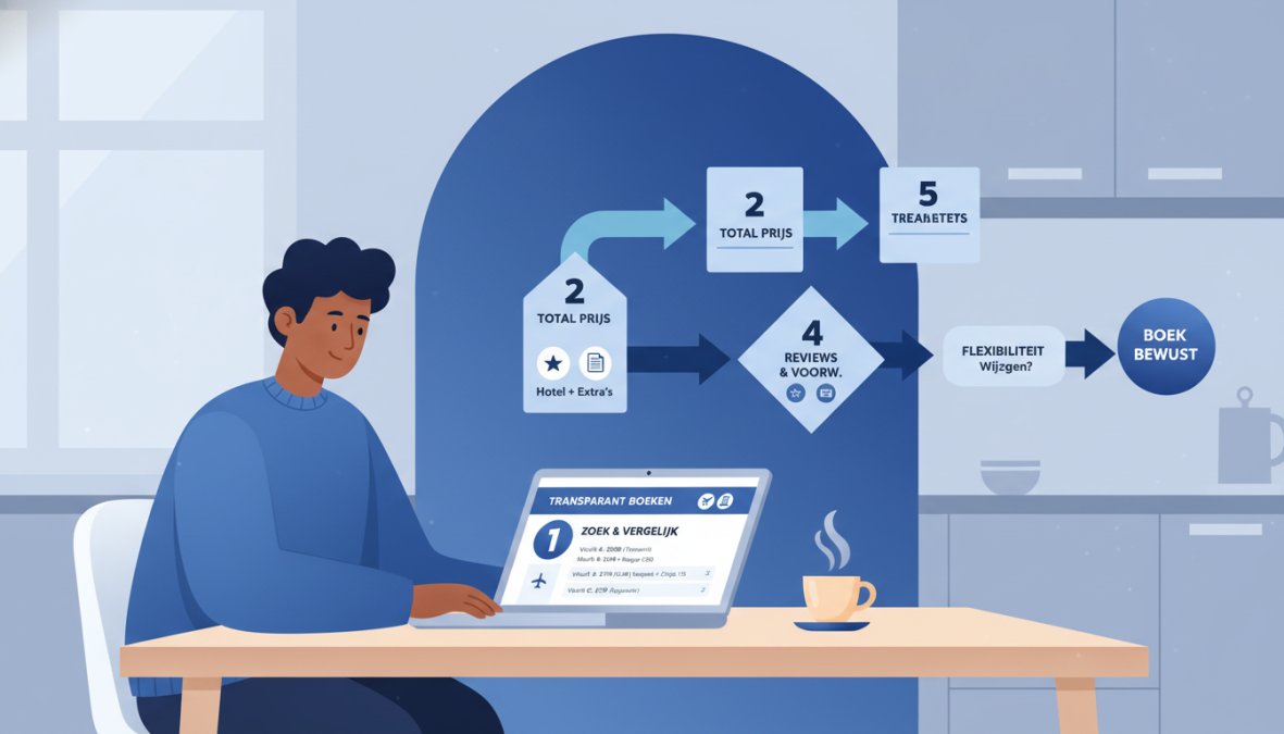 Persoon zittend aan een keukentafel met een laptop open op een reisvergelekingswebsite, een koffiekopje ernaast, gefocust en ontspannen kijkend