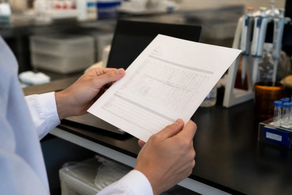 Close-up van de handen van een laborant die een gedrukt analysecertificaat vasthoudt op een bureau, met op de achtergrond een geopende laptop en laboratoriumapparatuur onscherp