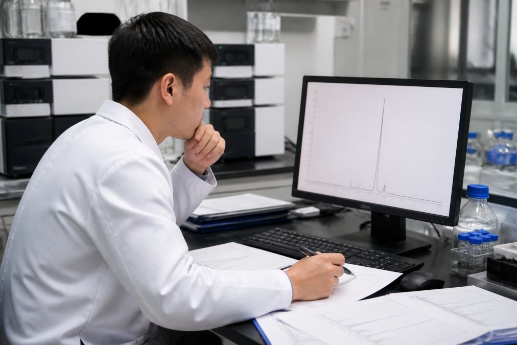Onderzoeker in laboratoriumjas analyseert HPLC-chromatogram op computermonitor met printouts en aantekeningen op het bureau