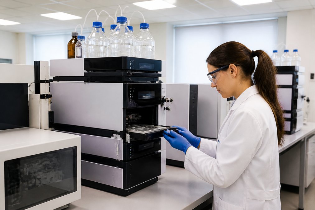 HPLC-apparatuur in professioneel farmaceutisch laboratorium met monitoren die chromatografische resultaten en piekanalyse weergeven