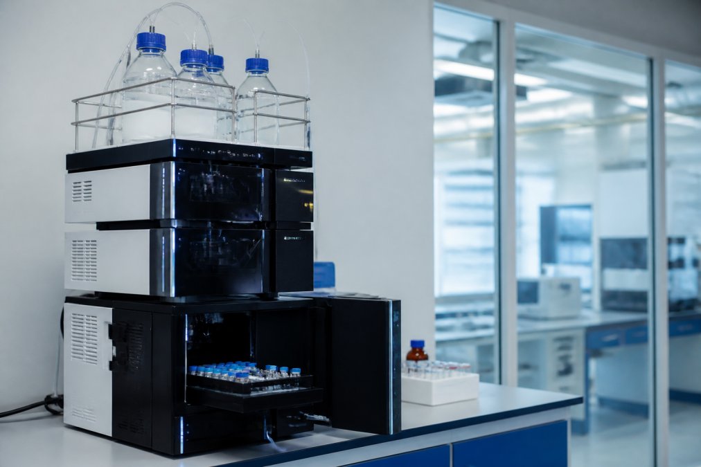 HPLC-apparatuur in een laboratorium voor transparante sourcing van wetenschappelijke peptiden toont chromatografische data.