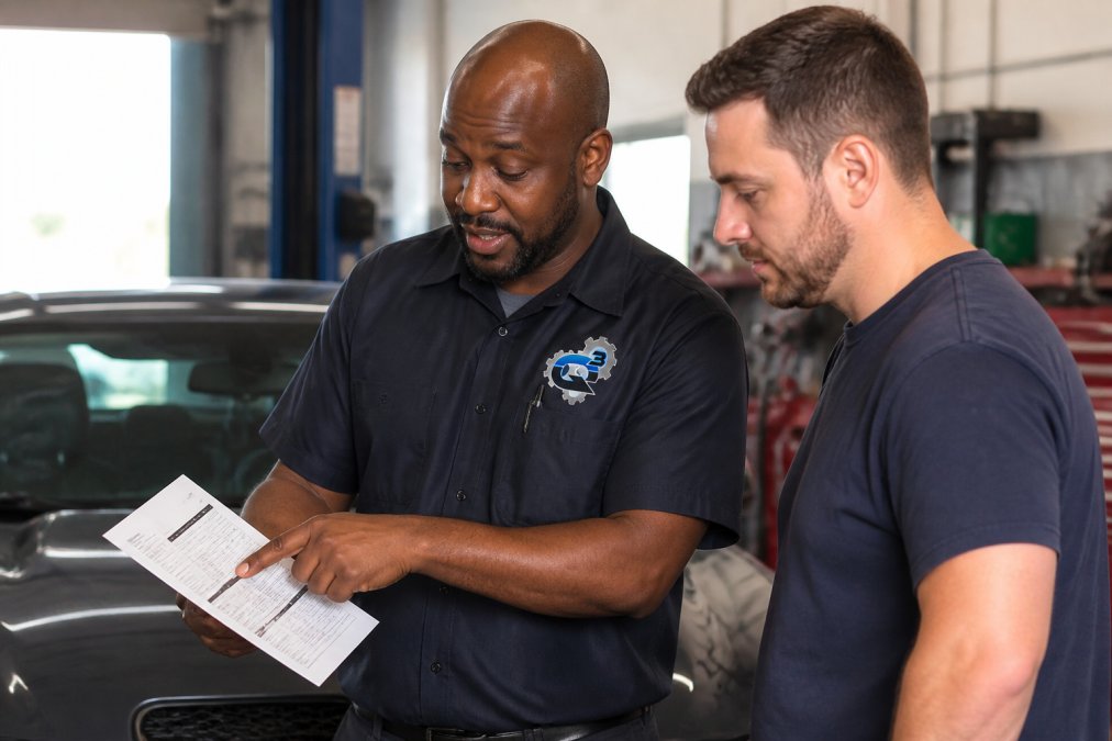 A service advisor in a clean, well-lit auto repair shop showing a printed estimate document to a car owner, pointing at a line item on the paper