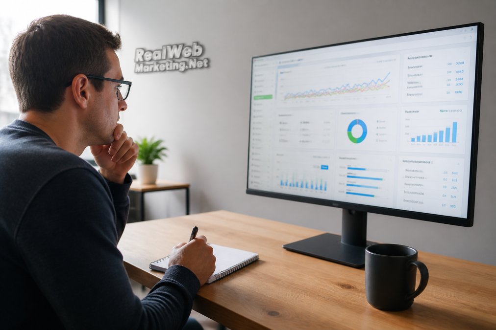 A marketing professional at a desk reviewing a live analytics dashboard on a large monitor, with a notebook and coffee nearby, in a bright modern office