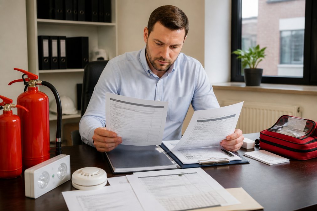 Property manager reviewing detailed fire safety compliance report and service quote at desk with building documentation and compliance checklist