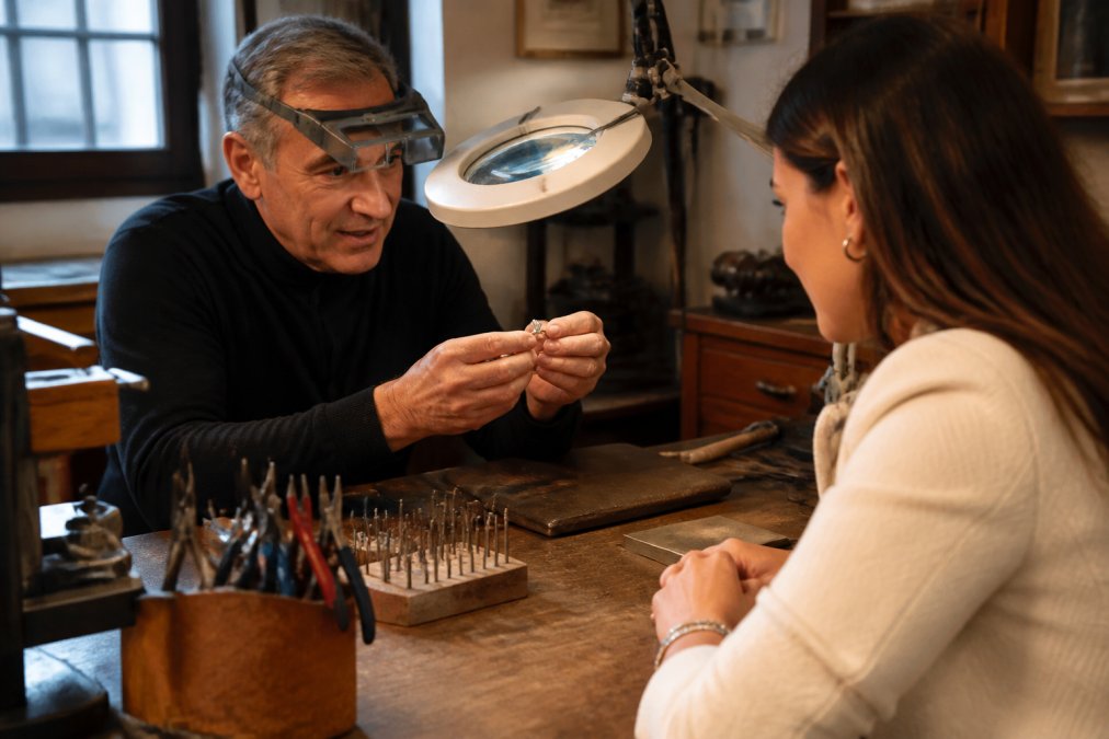 Jeweler and client examining a vintage ring under a magnifying lamp in a workshop