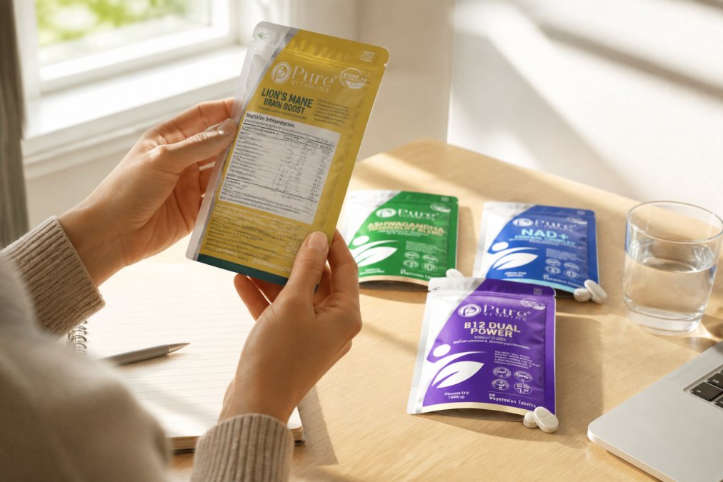 Hands holding a supplement bottle label up to light, examining the ingredient list and dosage information closely in natural daylight