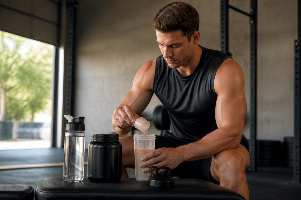 Athlete in gym setting preparing a protein shake with powder, shaker bottle, and water bottle visible on workout bench, natural lighting
