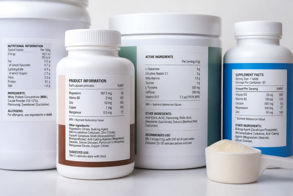 Close-up of supplement bottles and powder containers arranged on a clean white surface, with product labels clearly visible showing ingredient lists and dosage information
