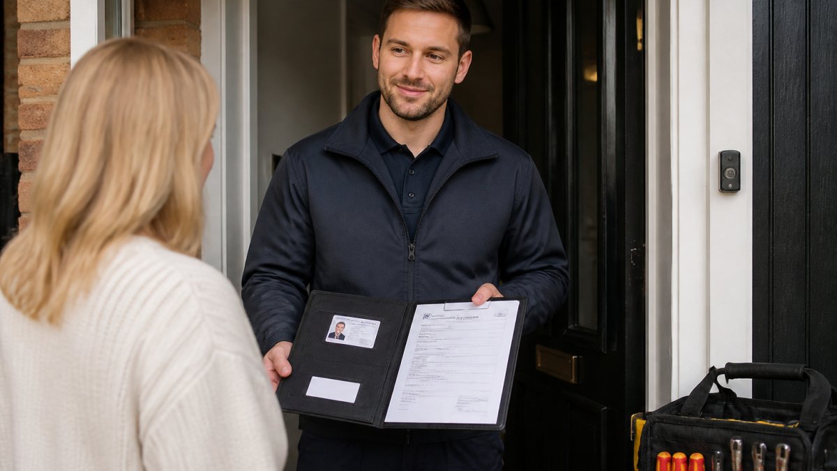 Professional uniformed locksmith presenting identification documents and insurance certificates to a homeowner at the front door in daylight, showing trust and transparency
