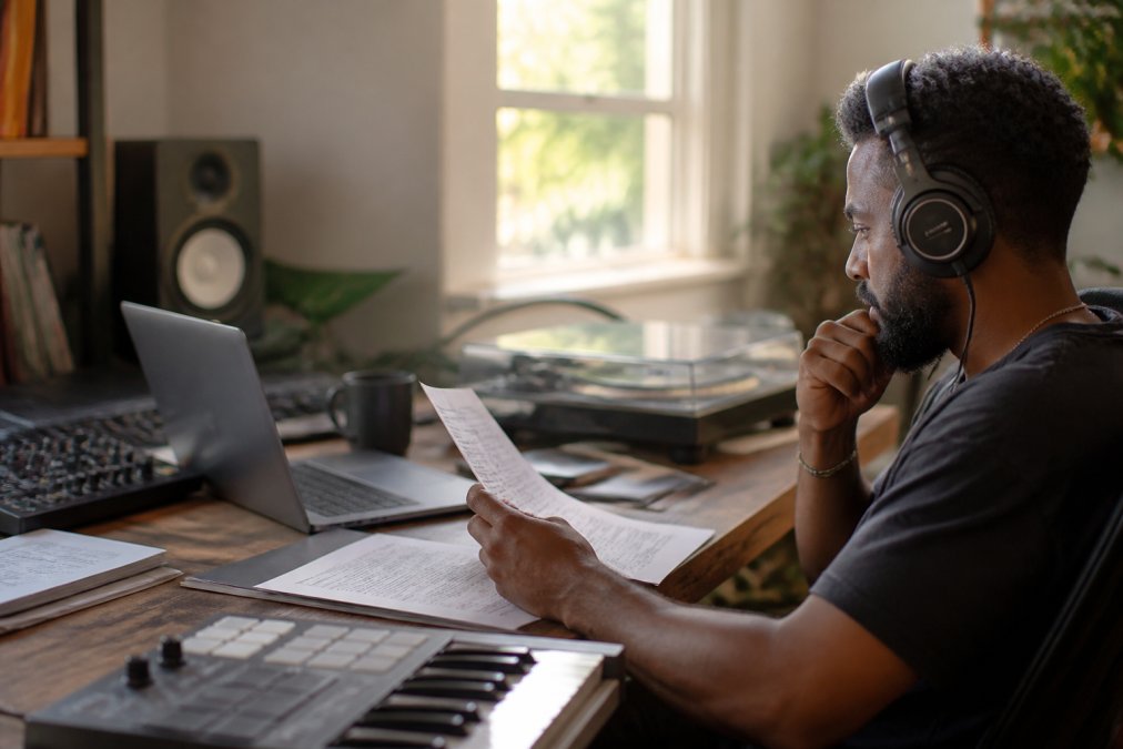 Independent label manager reviewing detailed royalty reports on a desktop monitor in a home studio setup, with headphones and music production equipment visible, natural window lighting
