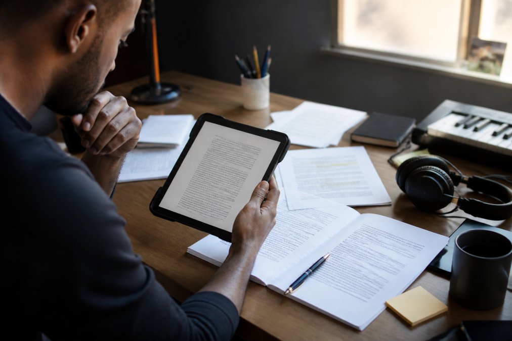 Music industry professional reviewing a distribution agreement document on a tablet, with contract pages and notes spread across a desk, natural afternoon lighting