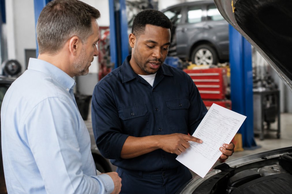 Professional mechanic in uniform showing a detailed repair estimate printout to a customer in a well-lit service center, pointing to line items and explaining costs