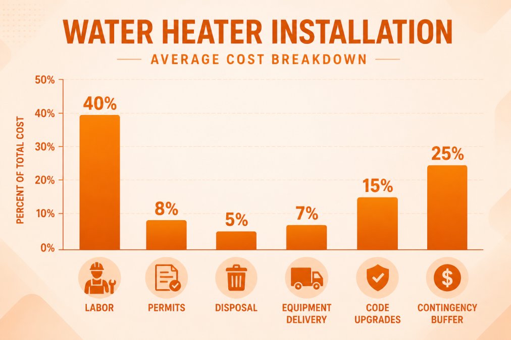Bar chart breaking down typical water heater replacement costs: labor 40%, permits 8%, disposal 5%, equipment delivery 7%, code upgrades 15%, contingency buffer 25%