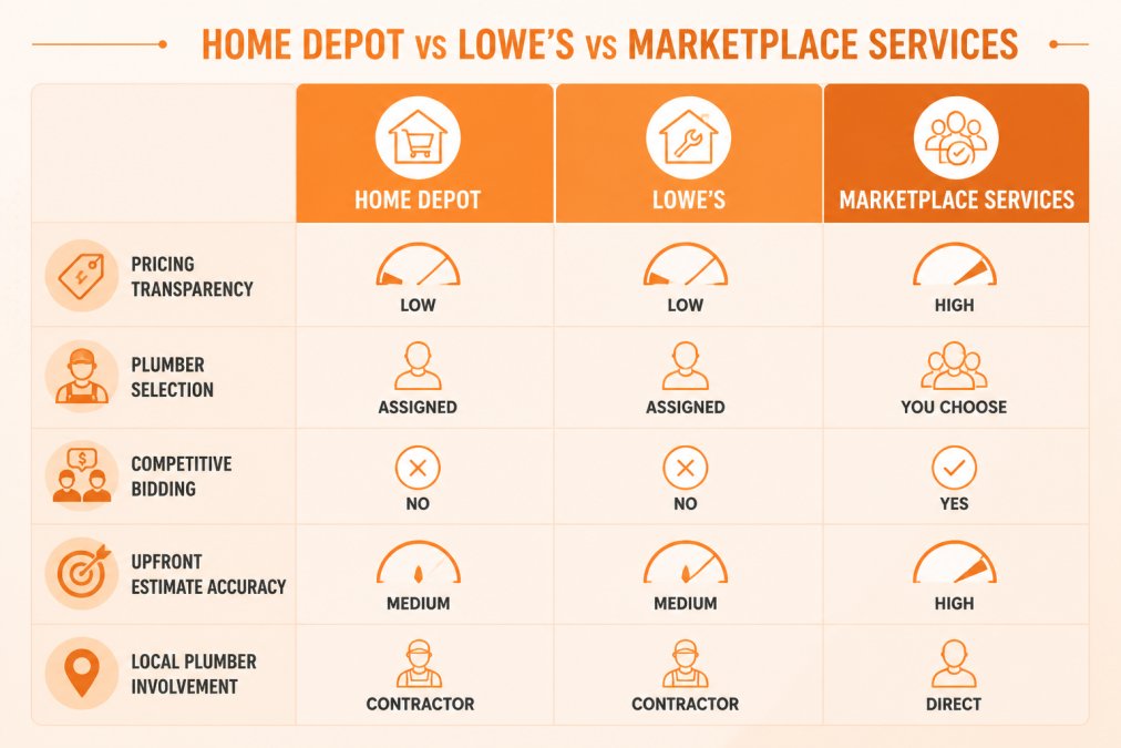 Comparison matrix showing Home Depot vs Lowe's vs marketplace services: pricing transparency (low/low/high), plumber selection (assigned/assigned/you choose), competitive bidding (no/no/yes), upfront estimate accuracy (medium/medium/high), local plumber involvement (contractor/contractor/direct)