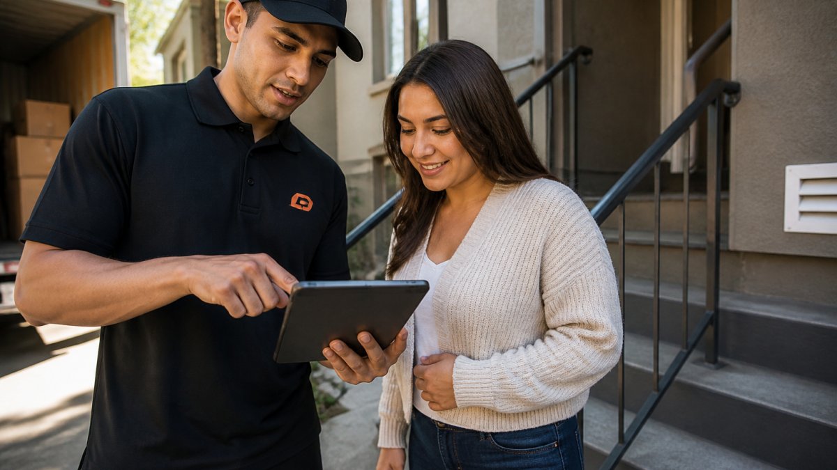 A mover in a branded uniform holding a digital tablet with a customer outside an apartment building, both reviewing an upfront price breakdown on the screen, soft morning light