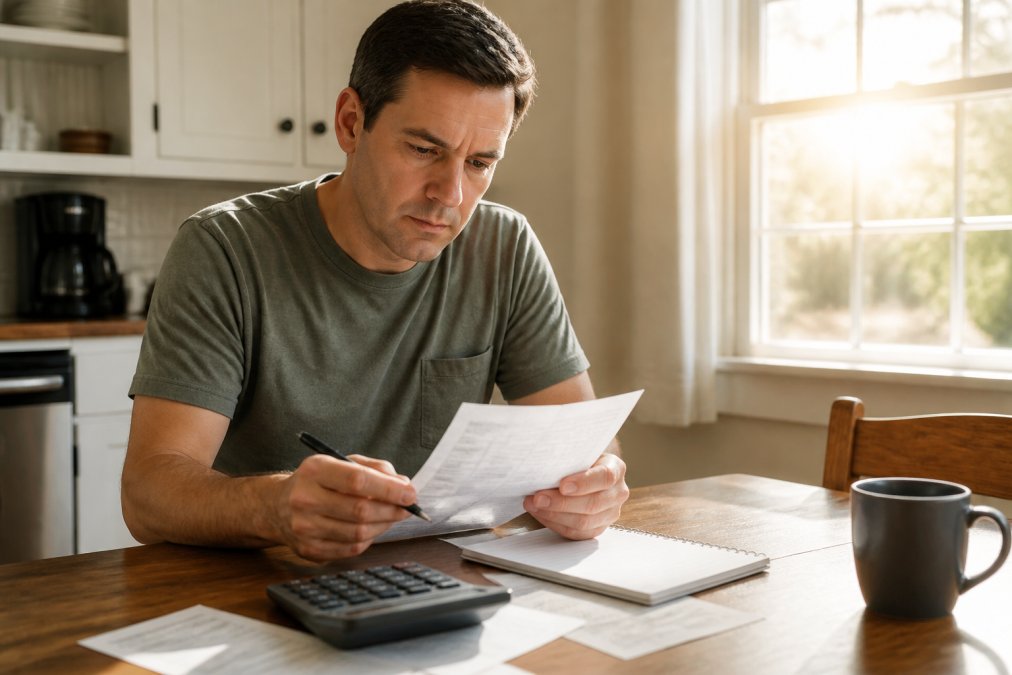 Homeowner reviewing a propane invoice at a kitchen table with a pen and calculator, sunlight streaming through a window in the background