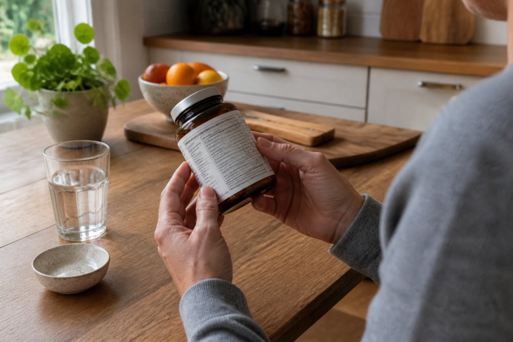 Close-up of a person's hands holding a supplement bottle, reading the detailed ingredient label under natural window light in a clean kitchen setting