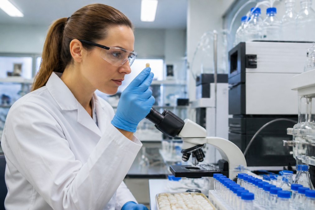 A laboratory technician in a white coat examining a supplement capsule under bright overhead lab lighting, with analytical testing equipment and sample vials visible on the workbench behind them