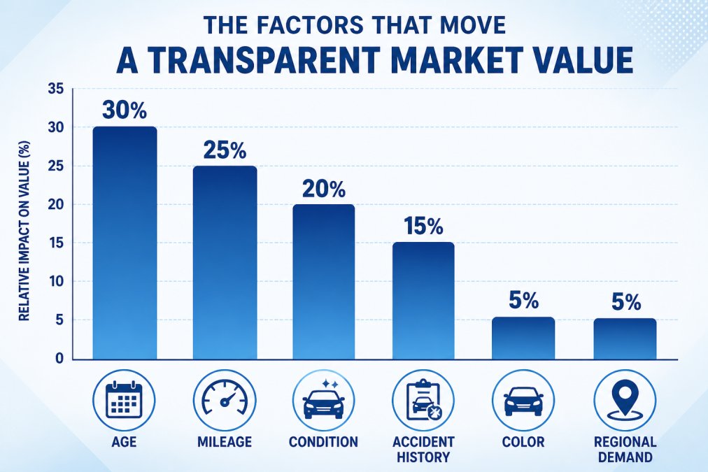 Bar chart showing how depreciation factors impact used car pricing, including age, mileage, condition, and history.