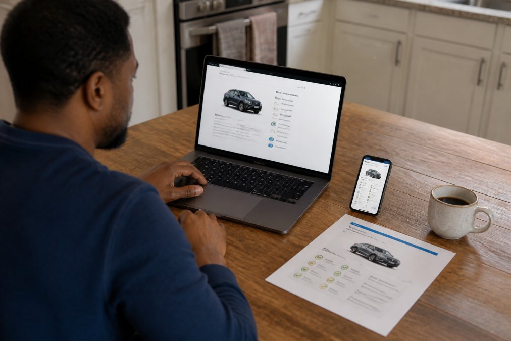 A person sitting at a kitchen table with a laptop open to a car valuation website, a smartphone showing a VIN lookup, and a printed vehicle history report beside a cup of coffee