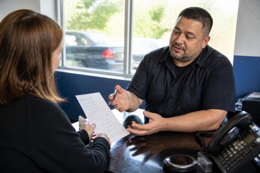 Customer sitting in a service advisor's office holding a written list of questions, with the advisor explaining a repair estimate on a computer screen, natural light coming through a window behind them