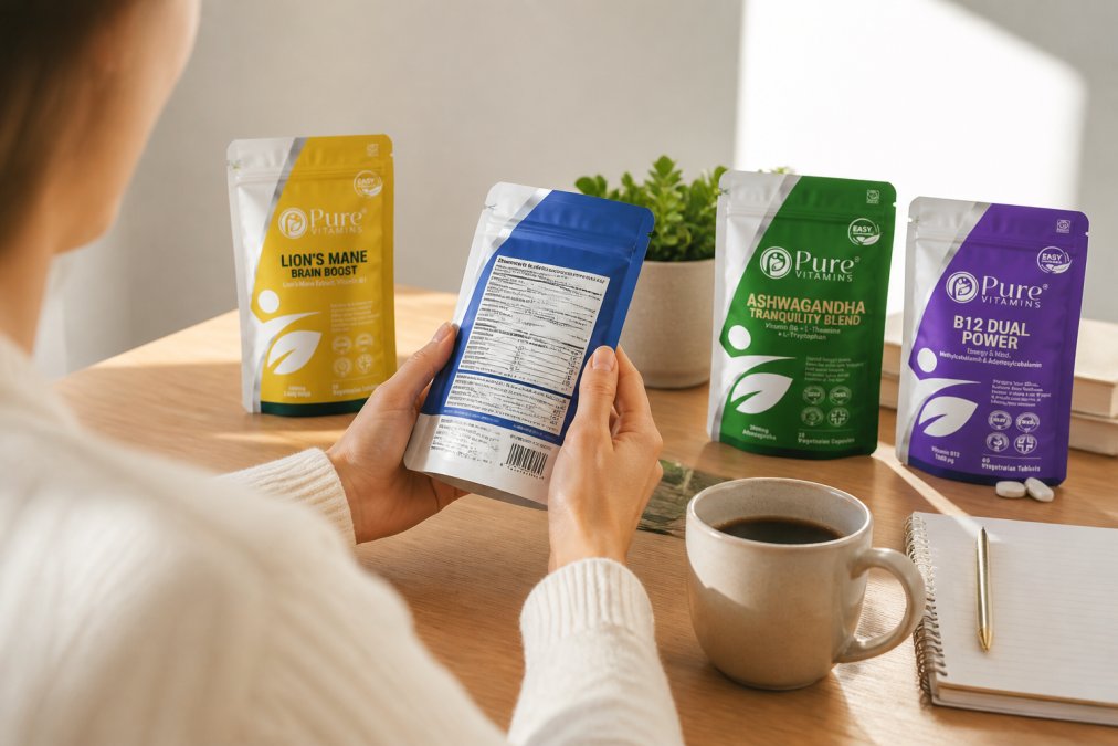 Close-up of hands holding a supplement bottle and examining the detailed ingredient label with dosage information clearly visible under natural morning light
