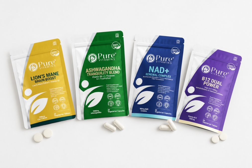 Flat lay of five different supplement bottles and capsules arranged on a clean white surface, showing diverse product formats and transparent labels with clear dosage information visible