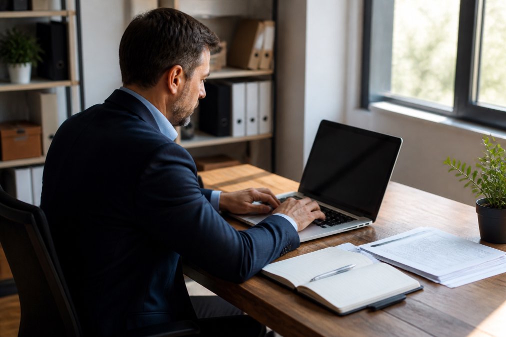 Geschäftsführer sitzt am Schreibtisch mit aufgeklapptem Laptop, auf dem das Transparenzregister-Portal sichtbar ist, neben ihm liegen ausgedruckte Unterlagen, ein Notizbuch und ein Kugelschreiber, helles Bürolicht fällt durch das Fenster