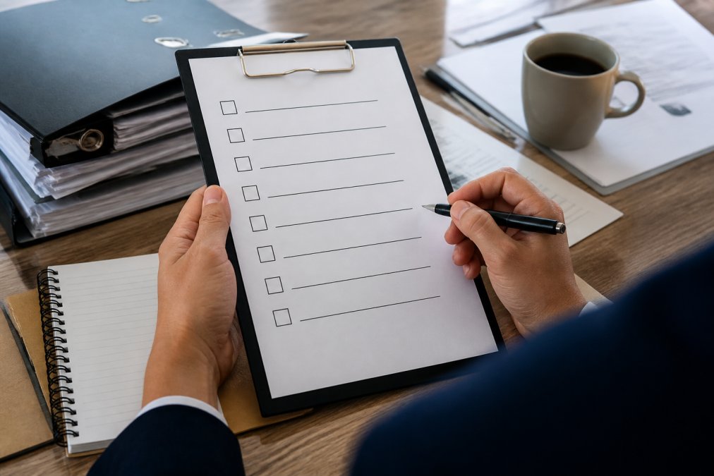 Nahaufnahme von Händen, die ein Klemmbrett mit einer Checkliste halten, Stift liegt bereit, Notizen und Unterlagen auf modernem Schreibtisch mit Tasse Kaffee