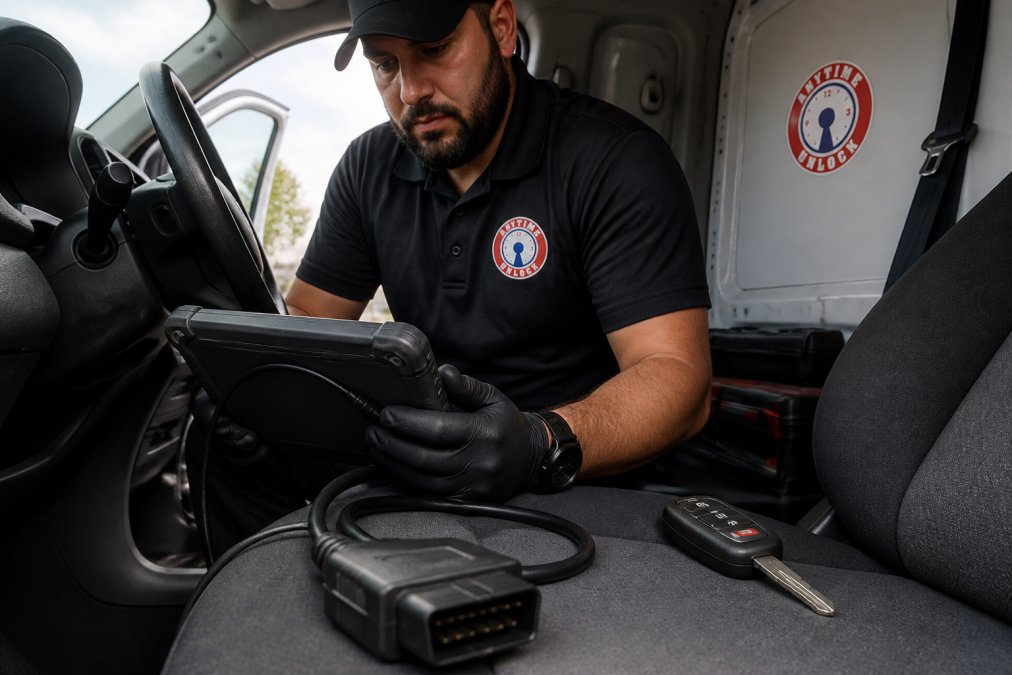 Locksmith using a diagnostic tablet for transponder key programming inside a mobile service van