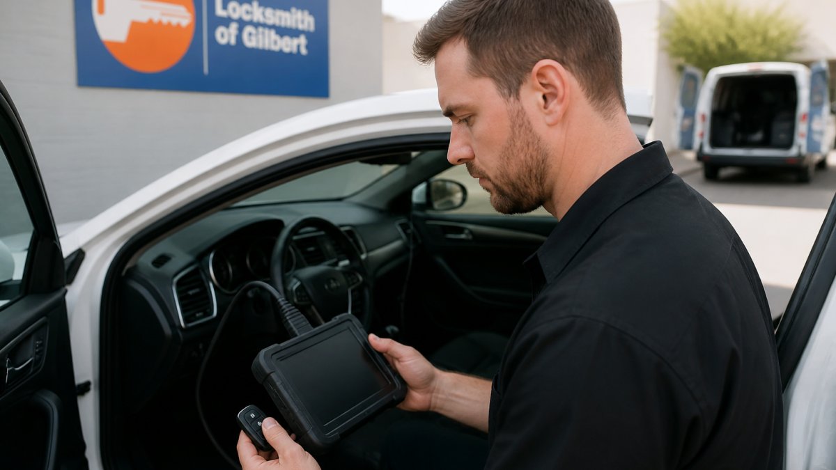 Professional locksmith technician using a key programming device at a vehicle, demonstrating hands-on transponder key programming work with diagnostic equipment