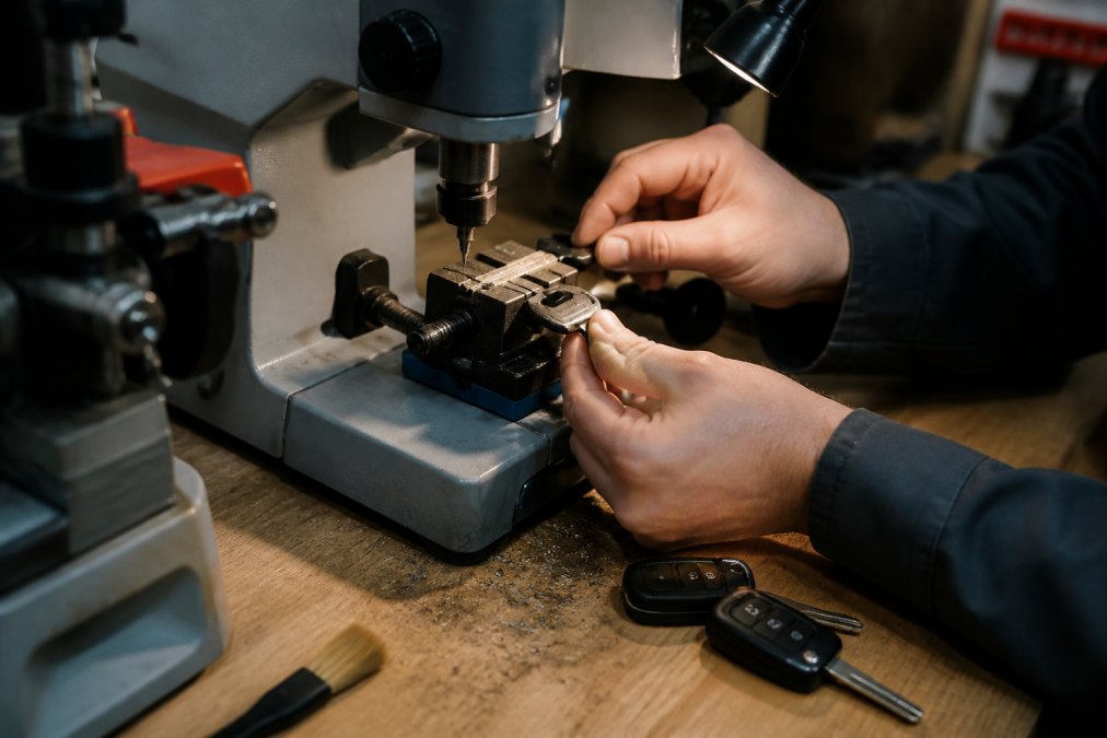 A locksmith's hands guiding a transponder key blank through a precision key cutting machine in a well-lit professional workshop, metal shavings visible on the bench